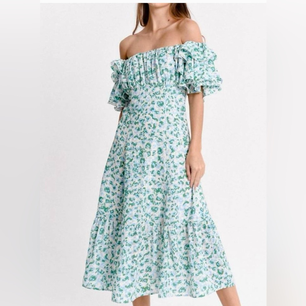 Molly Bracken Blue Green Carmen Floral Off-Shoulder Midi Dress